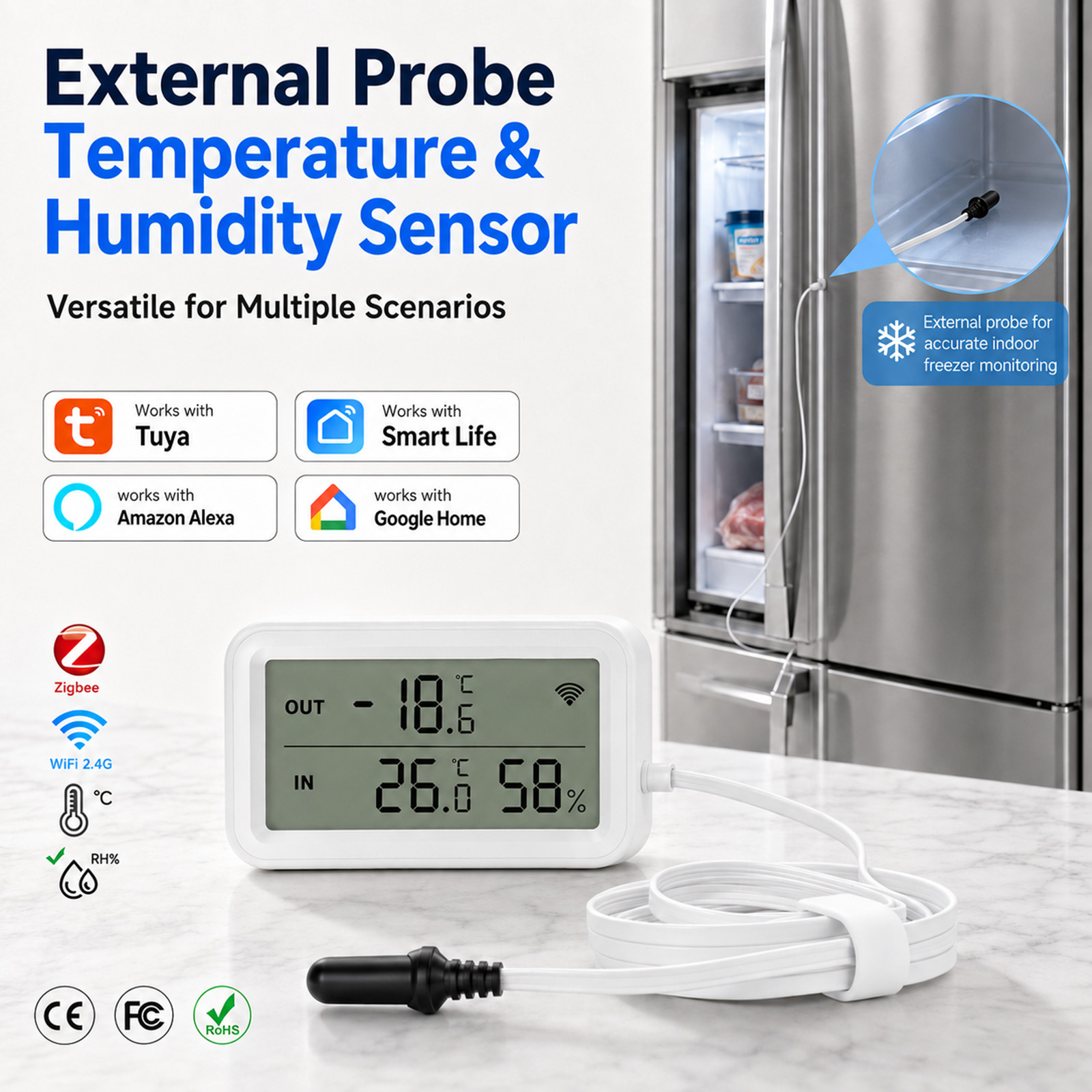 Wifi Thermostat - Externer Wasserdichter Temperatur- und Feuchtigkeitssensor Tuya